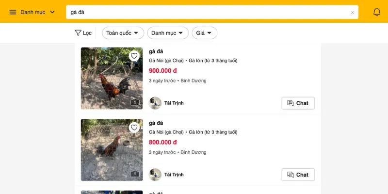 Thao tác mua trên Chợ Tốt gà đá Long An đơn giản